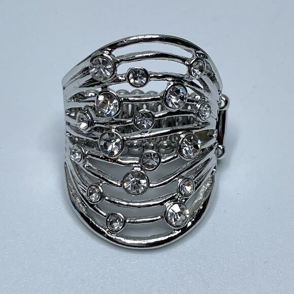 Stunning Silver Tone White Rhinestone Wide Stretch Band Ring Statement Fashion - Picture 7 of 7